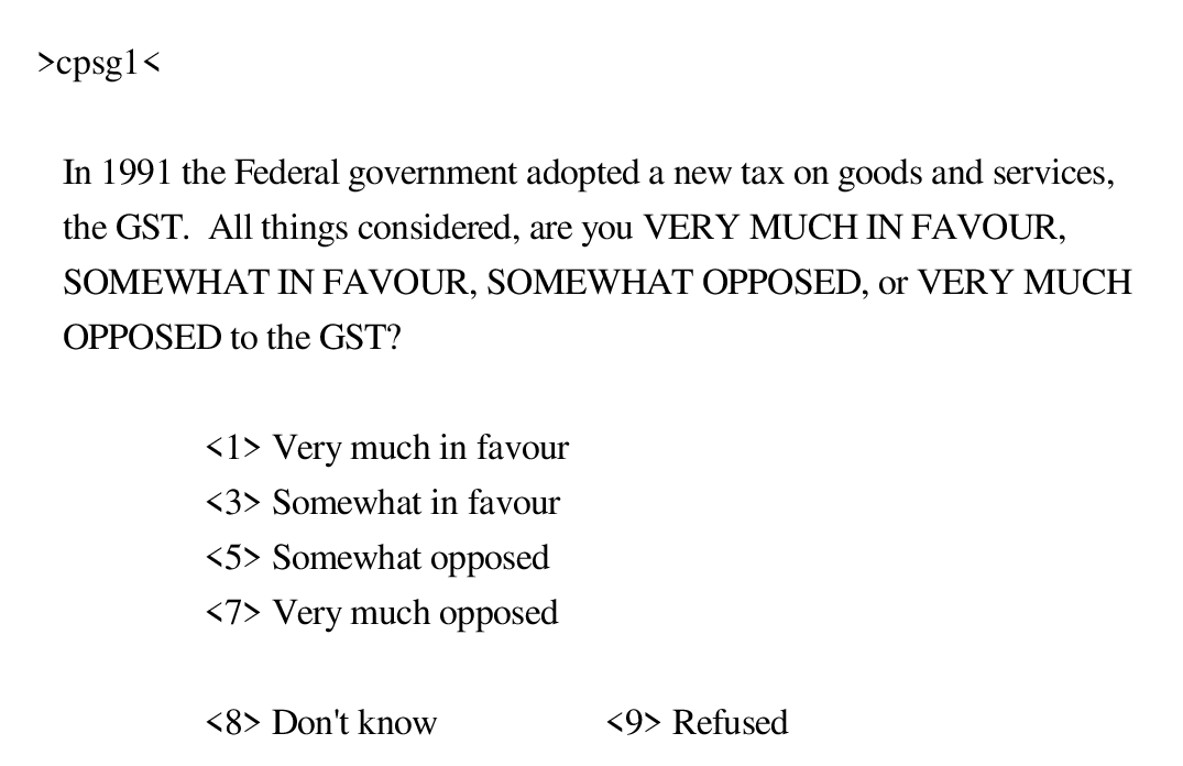 Entrée cpsg1 du codebook de l'Étude électorale canadienne de 1993 : la question sur la TPS, les codes 1 très favorable, 3 plutôt favorable, 5 plutôt opposé, 7 très opposé, 8 ne sait pas, 9 refus.