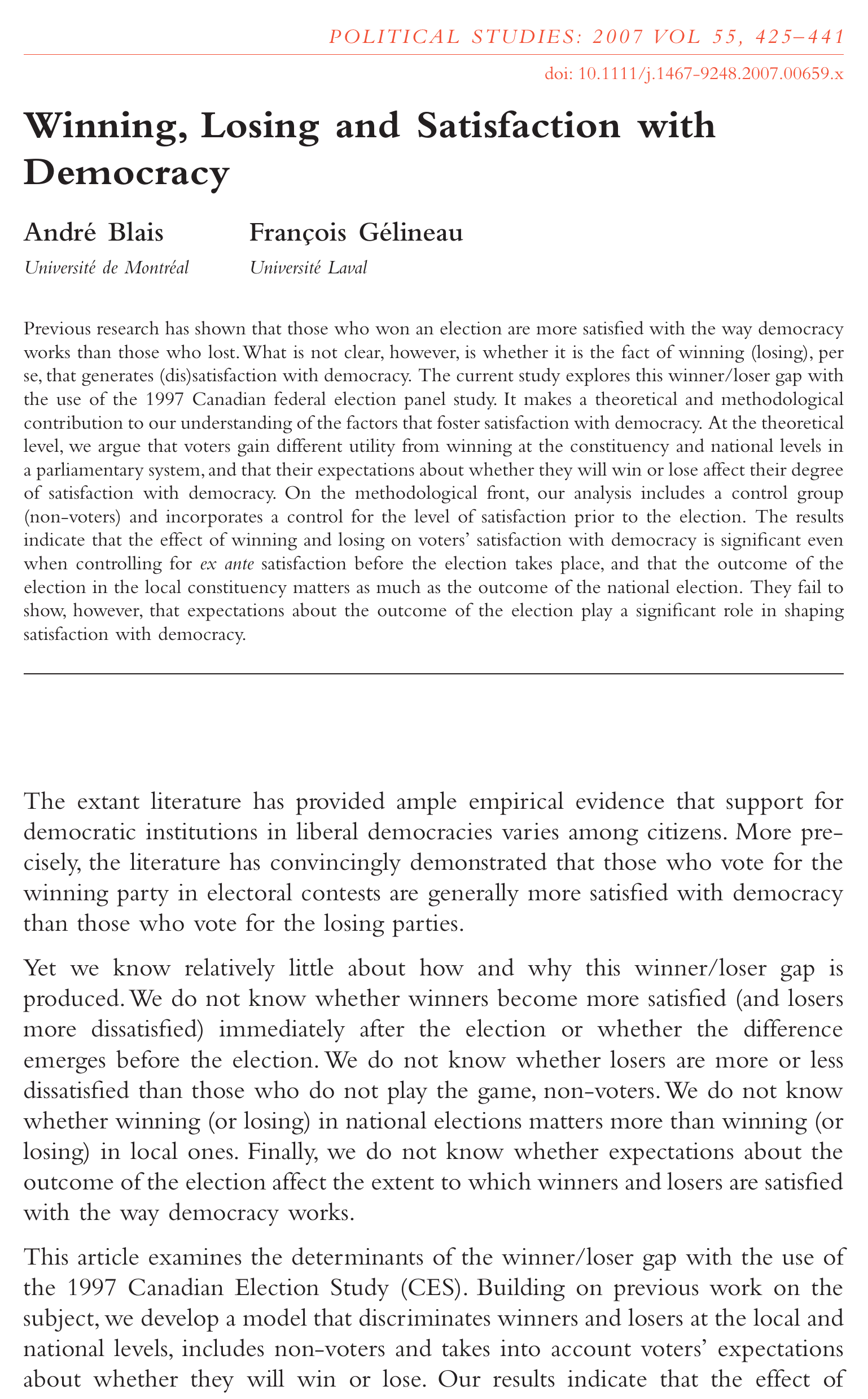 Blais et Gélineau (2007), page 425