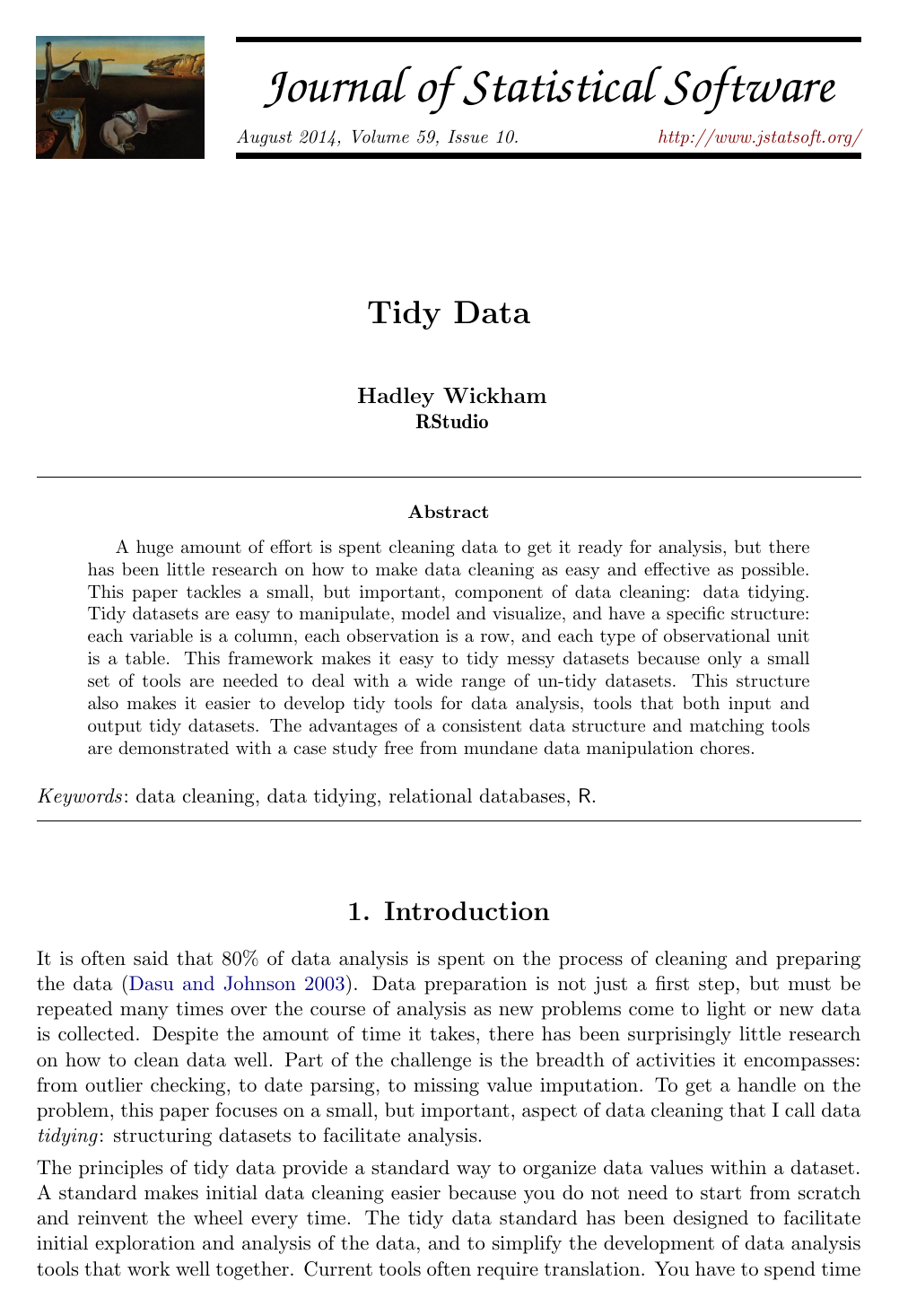 Première page de l’article « Tidy Data » de Hadley Wickham, Journal of Statistical Software, volume 59, numéro 10, août 2014.